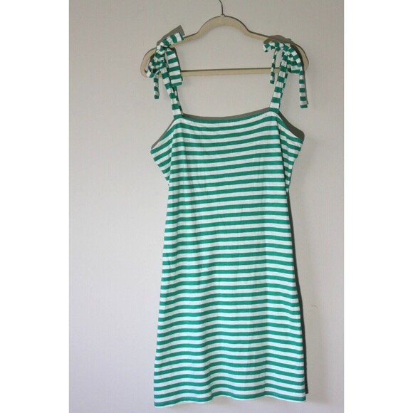 J. Crew Striped Tie Shoulder Dress Size L Green & White Stripes 100% Cotton - Picture 2 of 12